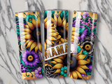 Three tumblers with sunflowers, purple flowers, and "Mama" text.