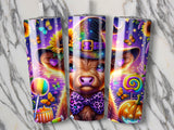 Halloween tumbler with a cow in a witch hat and pumpkin design.