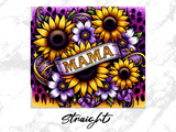 Sunflowers and purple flowers with a banner that says "MAMA" on a marbled background.