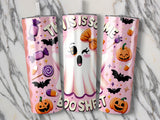 Pink tumbler with ghost and Halloween icons, reads "This is spooky"