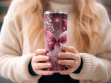 Pink butterfly tumbler with sparkling floral and gem embellishments.