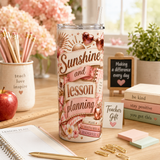 Sunshine and Lesson Planning Tumbler Wrap PNG – Rose Gold Coquette 20oz Teacher Sublimation Design