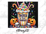 Halloween milkshake with candy, pumpkins, and skulls. "Get Tricked or Treat Yourself."