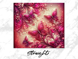 Pink butterflies and ornate floral designs with sparkling effects.
