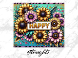 Bright sunflowers and flowers with "HAPPY" text on a turquoise background.