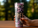 Hand holding a tumbler with floral pattern and "FREE" text.