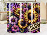 Floral design with sunflowers, daisies, and glitter accents, text "GLOW".