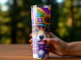 Cute cartoon dog in a colorful hat and bow tie on a tumbler.