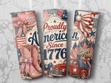 Three tumblers feature patriotic designs with cowboy boots, a vintage truck, and American flags.
