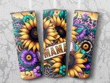 Three tumblers featuring sunflowers, purple flowers, and leopard print, one with "Mama" text.
