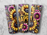 Three tumblers with sunflowers and floral designs, featuring the word "HAPPY".
