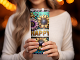 Woman holding tumbler with sunflowers and the word "HAPPY".