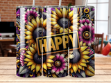 Sunflower and floral pattern tumbler with "HAPPY" text in gold rectangle.