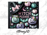 Halloween decor with pumpkins, witch hat, broom, bats, and "Witch Please" text.