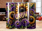 Sunflowers and purple flowers with "GROW" sign, glitter, and leopard print.