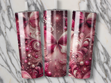 Three iridescent tumblers with pink butterfly and pearl designs.