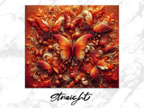 Intricate orange butterflies and floral designs with sparkly accents.