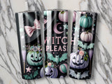 Three Halloween-themed tumblers with bats, pumpkins, and stars.