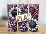 Three tumblers with vibrant floral and abstract patterns, one with "PLAY" text.
