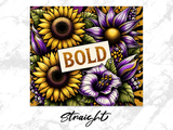 Bold sunflowers and purple flowers with glittering gold text.