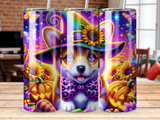 Corgi wearing witch hat and bowtie with pumpkins and sunflowers.