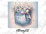 Denim pocket embellished with pearls and a pink ribbon bow.