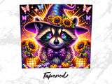 Raccoon in witch hat with sunflowers, pumpkins, and butterflies.