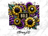 Sunflowers with purple accents and "BOLD" text on a zebra print background.