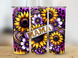 Mama sunflowers and purple floral design on a tumbler.