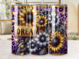 Gold and silver sunflowers with leopard print on a purple tumbler.