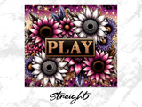 Floral design with "PLAY" text and "Straight" script.