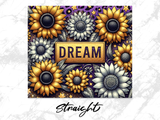 Golden and silver sunflowers with "DREAM" text on purple leopard print background.
