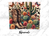Cowboy boots, cacti, and butterflies with "Tapened" text on a marbled background.