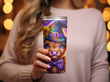 Brown cow wearing witch hat and bow tie on a tumbler.