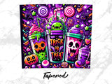 Halloween spooky drinks with eyes, bats, and candy, reading "Trick or Treat".