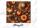 Autumn harvest still life with pumpkins, hat, scarf, boots, lantern, and cinnamon sticks.