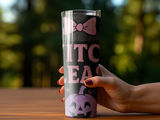 Glittery Halloween tumbler with bow and pumpkin, reads "Witch Please".