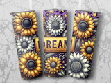 Three tumblers featuring sunflowers and the word "DREAM" against a starry purple background.