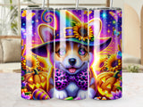 Corgi wearing a witch hat and bow tie with pumpkins and sunflowers.
