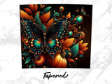 Intricate butterfly with jewel-toned wings, pumpkins, and floral accents.