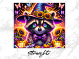 Raccoon in witch hat with sunflowers, pumpkins, and butterflies.