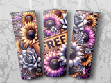 Three tumblers with sunflowers, roses, and purple flowers, one with "FREE" sign.