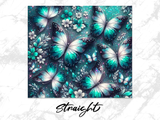 Turquoise and white butterflies and flowers on a sparkling background.