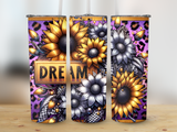 Glittering purple leopard print tumbler with sunflowers and "DREAM" text.