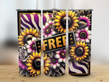 Sunflower and rose tumbler with "FREE" text and patriotic stripes.