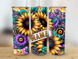 Three tumblers with sunflowers, purple flowers, and "Mama" text.