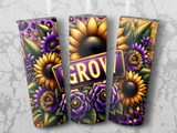 Three sunflowers and purple flowers with a "GROVE" sign and leopard print.
