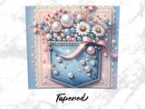 Denim pocket with pearls and flowers, accented with a pink ribbon.