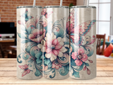 Floral pattern with butterflies on a textured tumbler mockup.