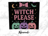 Glittery witch hat, bats, moon, and pumpkins with "Witch Please" text.